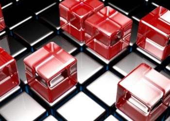 Red glass cubes on black cubed surface - 3D rendering